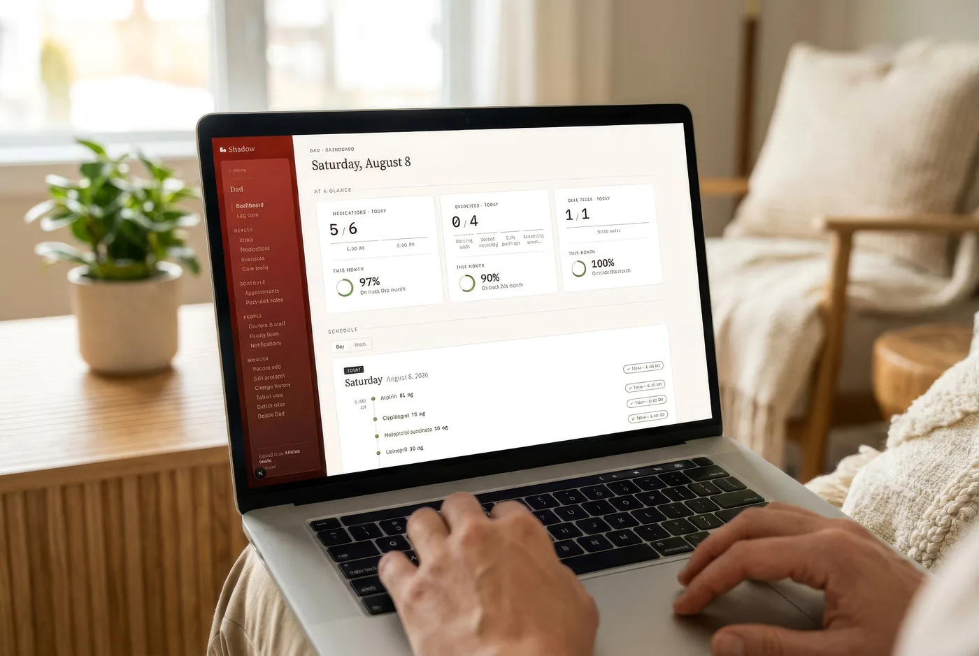 A family member viewing the shared Shadow Coordinator dashboard at home