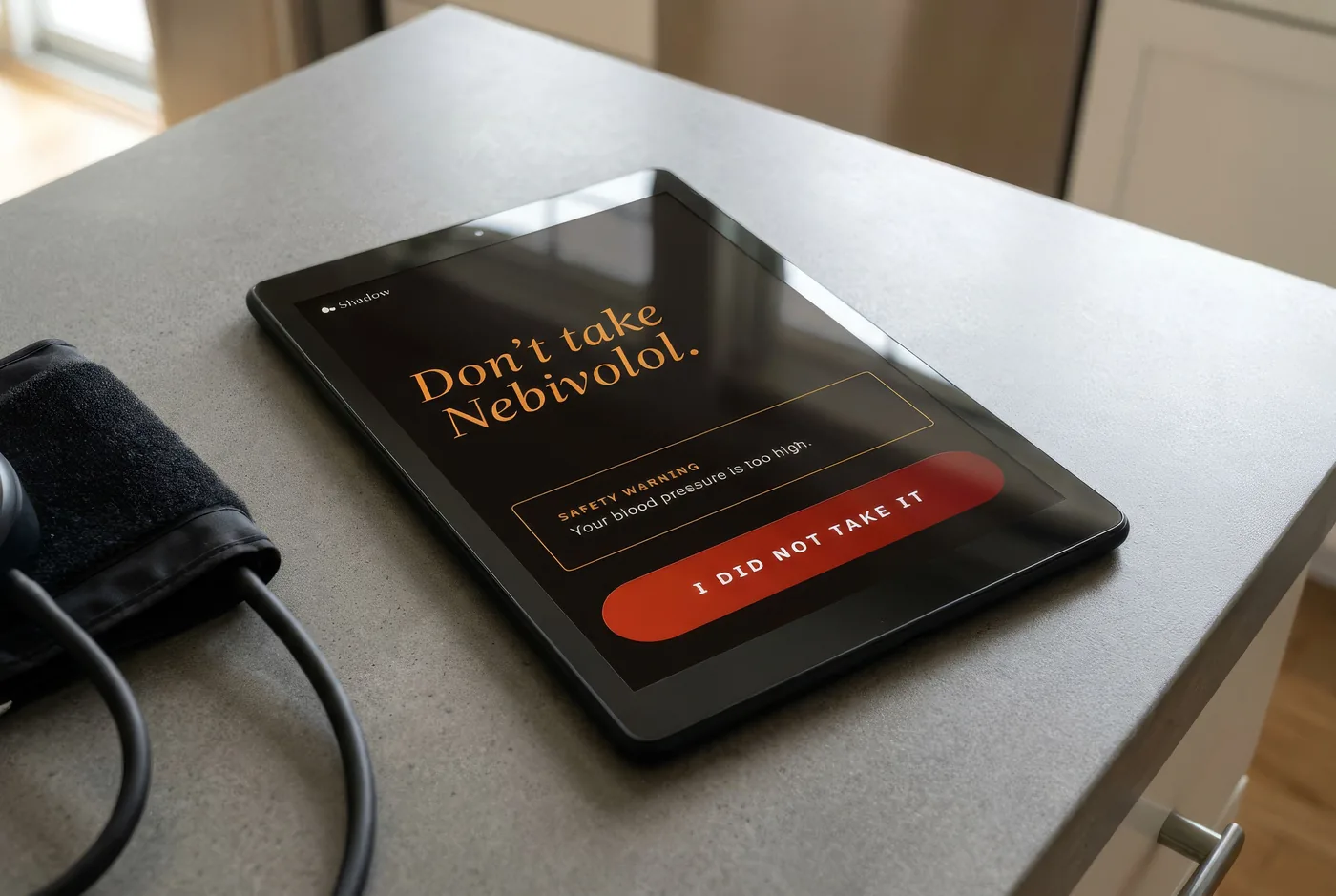 A Shadow tablet displaying an important medication instruction at home